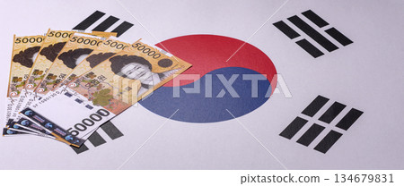 Korean paper money, won, and cash banknotes for financial transactions. Korean money 134679831