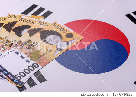 Korean paper money, won, and cash banknotes for financial transactions. Korean money 134679832