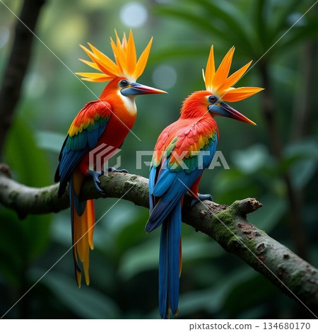 AI generated Pair of bright parrots perched together showing social behavior in nature 134680170