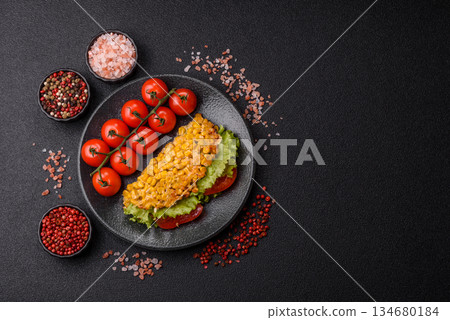 Mexican corn tortilla tacos with tuna, chicken, or beef. Corn tacos as a background 134680184