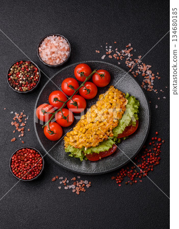 Mexican corn tortilla tacos with tuna, chicken, or beef. Corn tacos as a background 134680185