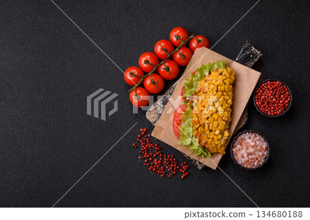 Mexican corn tortilla tacos with tuna, chicken, or beef. Corn tacos as a background 134680188