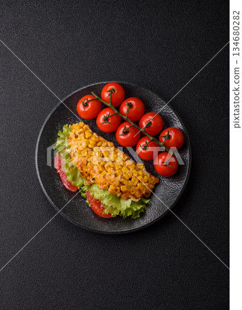 Mexican corn tortilla tacos with tuna, chicken, or beef. Corn tacos as a background 134680282