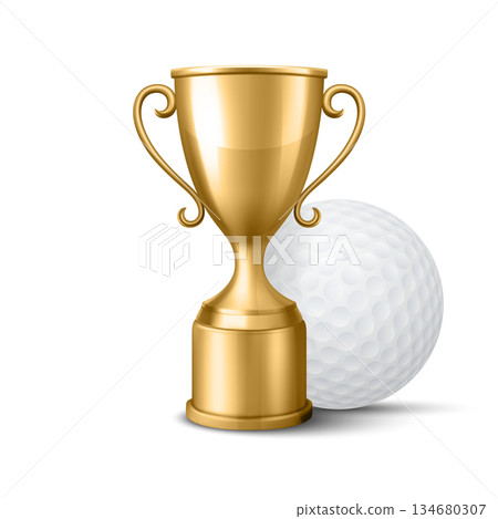 Vector 3d Golf Trophy Cup. Gold Trophy with Golf Ball Vector Illustration. Realistic 3D Winner Award for Championship, Tournament Prize, Sports Victory Symbol Isolated. Trophy, Champion Cup Vector 3d Golf Trophy Cup. Gold Trophy with Golf Ball Vector Illustration. Realistic 3D Winner Award for Championship, Tournament Prize, Sports Victory Symbol Isolated. Trophy, Champion Cup 134680307