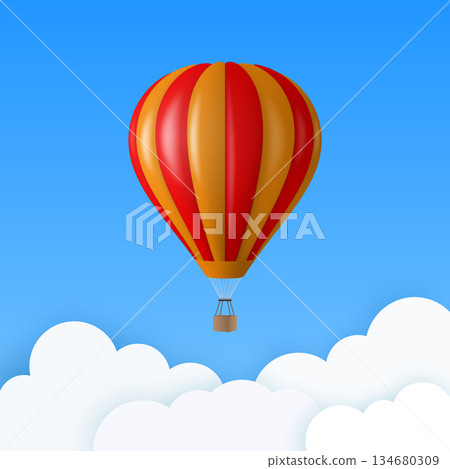 Vector Travel Banner with 3d Realistic Red and Orange Hot Air Balloon Icon on a Blue Sky Background. Design Template, Summer Vacation, Travelling, Tourism and Journey Concept Vector Travel Banner with 3d Realistic Red and Orange Hot Air Balloon Icon on a Blue Sky Background. Design Template, Summer Vacation, Travelling, Tourism and Journey Concept 134680309