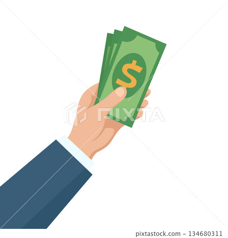 Cash in Hand, Vector Illustration. Hand Holding Money Vector Illustration. Business Hand Giving Dollar Banknotes Isolated. Payment Concept for Salary, Bonus, Tip, Cash 134680311