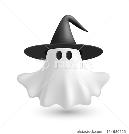 Vector 3d Ghost with Witch Hat. Cute Simple White Ghost Vector Illustration. Halloween Ghost Character with Black Wizard Hat and Floating Sheet, Isolated. Design Template for Halloween Vector 3d Ghost with Witch Hat. Cute Simple White Ghost Vector Illustration. Halloween Ghost Character with Black Wizard Hat and Floating Sheet, Isolated. Design Template for Halloween 134680313