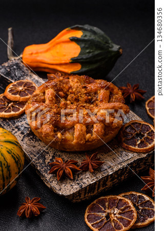 Apple or pumpkin pie or tart is a sweet American autumn treat. American apple pie 134680356