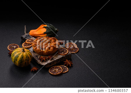 Apple or pumpkin pie or tart is a sweet American autumn treat. American apple pie Apple or pumpkin pie or tart is a sweet American autumn treat. American apple pie 134680357