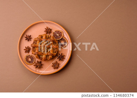 Apple or pumpkin pie or tart is a sweet American autumn treat. American apple pie Apple or pumpkin pie or tart is a sweet American autumn treat. American apple pie 134680374