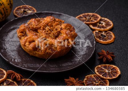 Apple or pumpkin pie or tart is a sweet American autumn treat. American apple pie Apple or pumpkin pie or tart is a sweet American autumn treat. American apple pie 134680385
