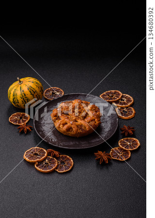 Apple or pumpkin pie or tart is a sweet American autumn treat. American apple pie 134680392