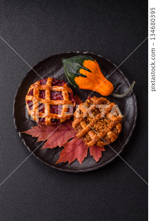 Cherry or strawberry sweet American Christmas pie or tart. American cherry pie 134680395