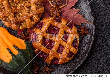 Cherry or strawberry sweet American Christmas pie or tart. American cherry pie 134680401