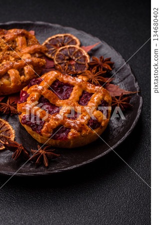 Cherry or strawberry sweet American Christmas pie or tart. American cherry pie 134680402