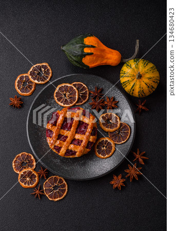 Cherry or strawberry sweet American Christmas pie or tart. American cherry pie Cherry or strawberry sweet American Christmas pie or tart. American cherry pie 134680423