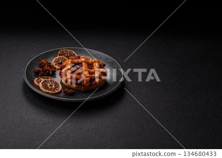 Cherry or strawberry sweet American Christmas pie or tart. American cherry pie 134680433