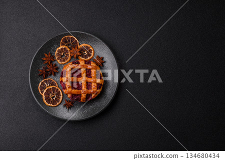 Cherry or strawberry sweet American Christmas pie or tart. American cherry pie Cherry or strawberry sweet American Christmas pie or tart. American cherry pie 134680434