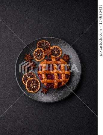 Cherry or strawberry sweet American Christmas pie or tart. American cherry pie Cherry or strawberry sweet American Christmas pie or tart. American cherry pie 134680435