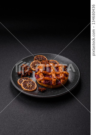 Cherry or strawberry sweet American Christmas pie or tart. American cherry pie Cherry or strawberry sweet American Christmas pie or tart. American cherry pie 134680436