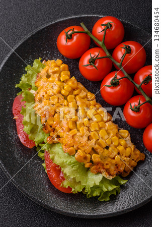 Mexican corn tortilla tacos with tuna, chicken, or beef. Corn tacos as a background 134680454