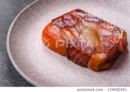 Tuna and salmon roll, smoked fish. Tuna and salmon roll as a food background 134680561