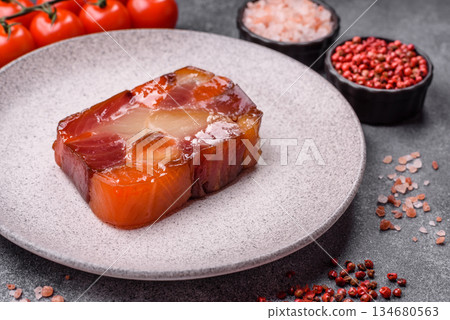 Tuna and salmon roll, smoked fish. Tuna and salmon roll as a food background 134680563