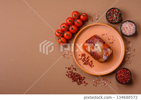 Tuna and salmon roll, smoked fish. Tuna and salmon roll as a food background 134680572