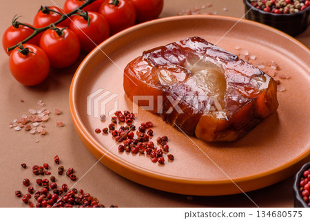 Tuna and salmon roll, smoked fish. Tuna and salmon roll as a food background 134680575