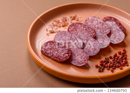 Smoked salami slices, beef or chicken sausage for sandwiches. Salami slices 134680793