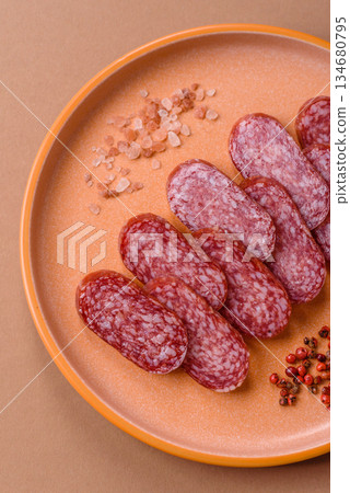 Smoked salami slices, beef or chicken sausage for sandwiches. Salami slices 134680795