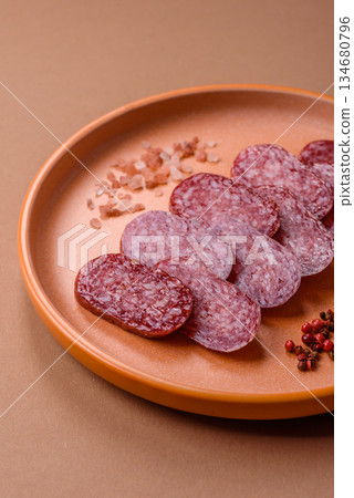Smoked salami slices, beef or chicken sausage for sandwiches. Salami slices 134680796