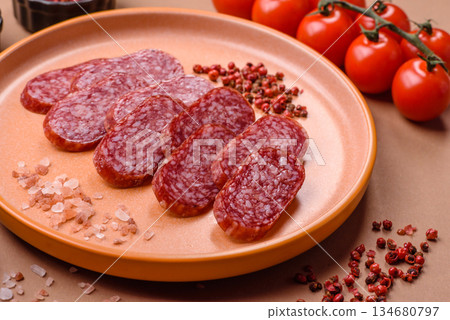 Smoked salami slices, beef or chicken sausage for sandwiches. Salami slices 134680797