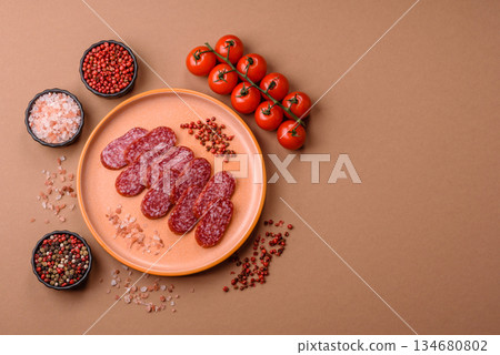 Smoked salami slices, beef or chicken sausage for sandwiches. Salami slices Smoked salami slices, beef or chicken sausage for sandwiches. Salami slices 134680802