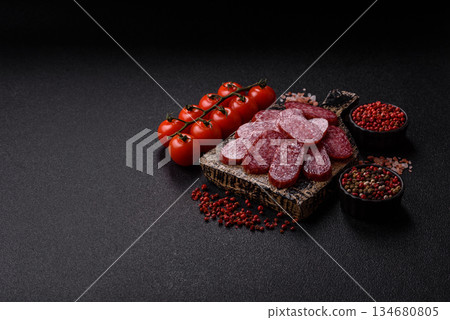 Smoked salami slices, beef or chicken sausage for sandwiches. Salami slices 134680805
