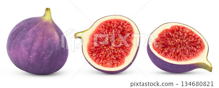 Figs isolated collections. Ripe purple fig, half and slice of fig fruit isolate on white background. 134680821