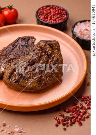 Food, grilled beef steak, roast meat for lunch. Grilled beef steak Food, grilled beef steak, roast meat for lunch. Grilled beef steak 134680943
