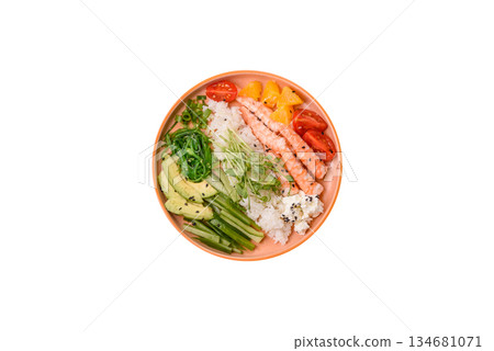 A prawn or shrimp bowl with rice, tomatoes, sauce, and vegetables, Asian food. Prawn or shrimp A prawn or shrimp bowl with rice, tomatoes, sauce, and vegetables, Asian food. Prawn or shrimp 134681071