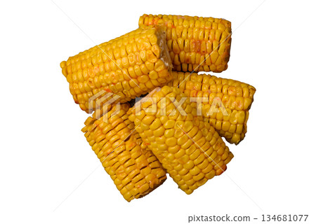 Corn cob cooked in chunks, vegetables, healthy vegetarian food. Boiled corn as a background Corn cob cooked in chunks, vegetables, healthy vegetarian food. Boiled corn as a background 134681077