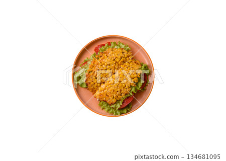 Mexican corn tortilla tacos with tuna, chicken, or beef. Corn tacos as a background 134681095