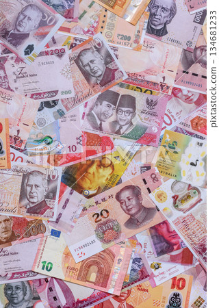 Money background, currency exchange, paper banknotes from different countries. Money cash currency 134681233