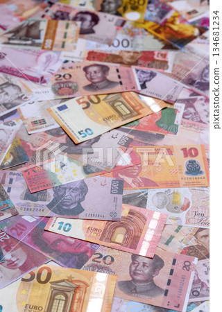 Money background, currency exchange, paper banknotes from different countries. Money cash currency Money background, currency exchange, paper banknotes from different countries. Money cash currency 134681234