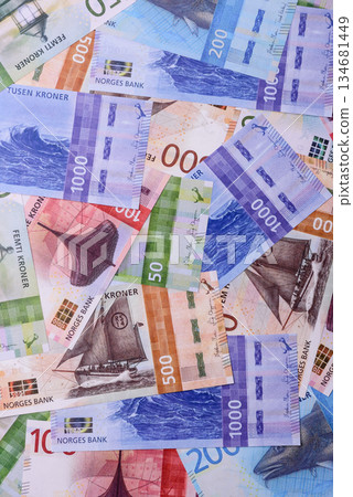 Money, currency of Norway, Norwegian krone banknotes. Norway, Norwegian money Money, currency of Norway, Norwegian krone banknotes. Norway, Norwegian money 134681449