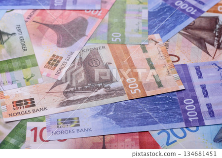 Money, currency of Norway, Norwegian krone banknotes. Norway, Norwegian money Money, currency of Norway, Norwegian krone banknotes. Norway, Norwegian money 134681451