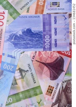 Money, currency of Norway, Norwegian krone banknotes. Norway, Norwegian money Money, currency of Norway, Norwegian krone banknotes. Norway, Norwegian money 134681452