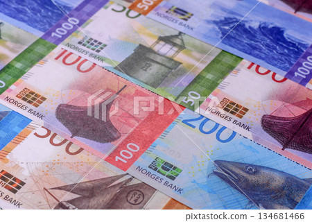 Money, currency of Norway, Norwegian krone banknotes. Norway, Norwegian money Money, currency of Norway, Norwegian krone banknotes. Norway, Norwegian money 134681466