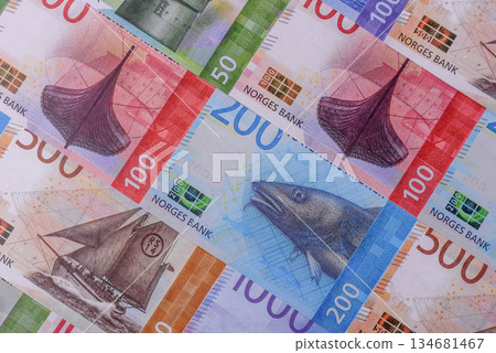 Money, currency of Norway, Norwegian krone banknotes. Norway, Norwegian money 134681467