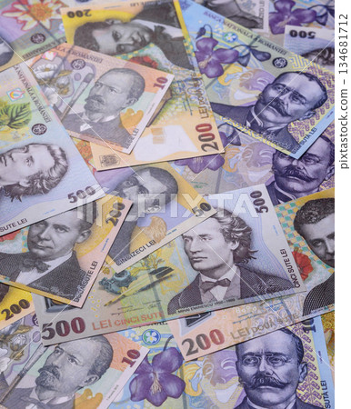 Money, currency of Romania, Romanian leu banknotes of various denominations. Romania, Romanian money Money, currency of Romania, Romanian leu banknotes of various denominations. Romania, Romanian money 134681712