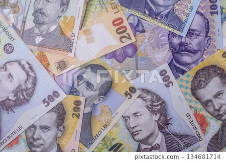 Money, currency of Romania, Romanian leu banknotes of various denominations. Romania, Romanian money Money, currency of Romania, Romanian leu banknotes of various denominations. Romania, Romanian money 134681714