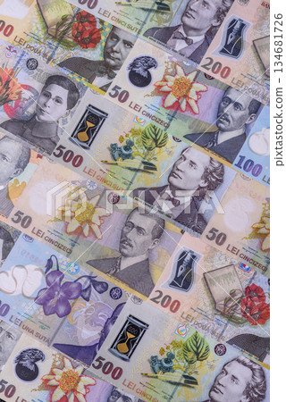 Money, currency of Romania, Romanian leu banknotes of various denominations. Romania, Romanian money Money, currency of Romania, Romanian leu banknotes of various denominations. Romania, Romanian money 134681726
